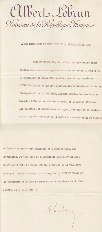 Lettre au Président de Cuba par Albert François Lebrun
