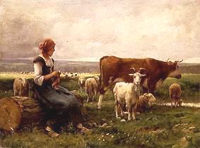 Bergere avec chevres, vaches et moutons par Julien Dupr