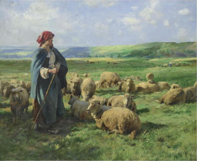 Une bergre et son troupeau par Julien Dupr