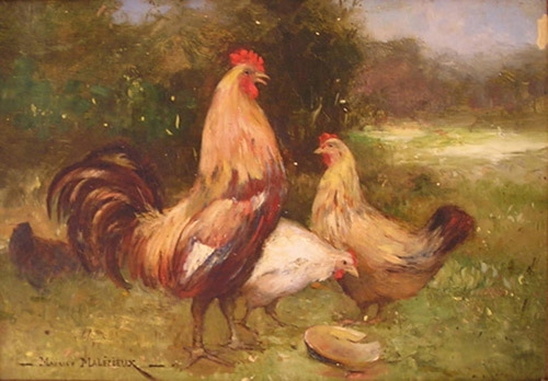 Un coq et deux poules par Maurice Gabriel Malzieux