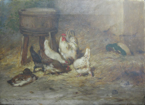 Un canard, poules et coq par Philibert Lon Couturier