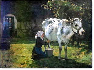 Une vache blanche a la traite par Julien Dupré