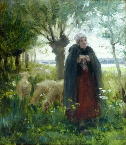Bergre et moutons en sous-bois par Georges Paul Franois Laurent Lauge