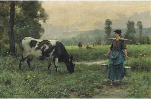 La laitière regardant sa vache par Julien Dupré