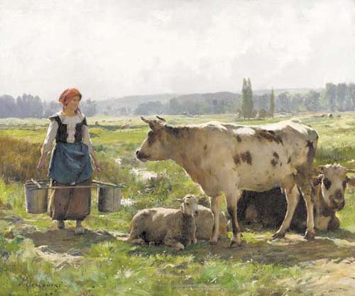 Vache blanche et mouton par Julien Dupré