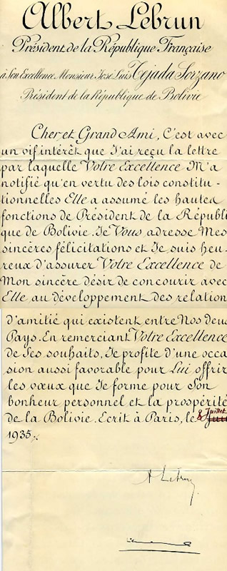 Lettre au Prsident de Bolivie par Albert Franois Lebrun