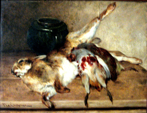 Un livre et deux perdrix poss sur une table par Philibert Lon Couturier