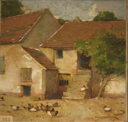 Une ferme avec des poules par Maurice Gabriel Malzieux