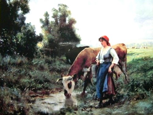 Vache buvant  la riviere par Julien Dupr