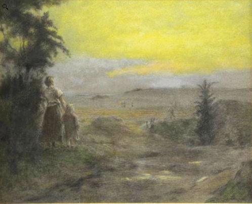Mre et enfant au soleil couchant par Georges Paul Franois Laurent Lauge