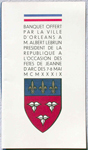 Menu du banquet en l'honneur des fêtes de Jeanne d'Arc