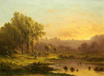 Bord de rivire anim au coucher de soleil