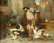 Canards et poules dans une mare d'eau