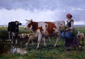 Fermiere avec vaches et moutons